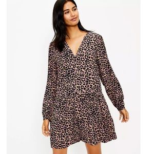 LOFT Petite Leopard Print Button Tiered Swing Dress